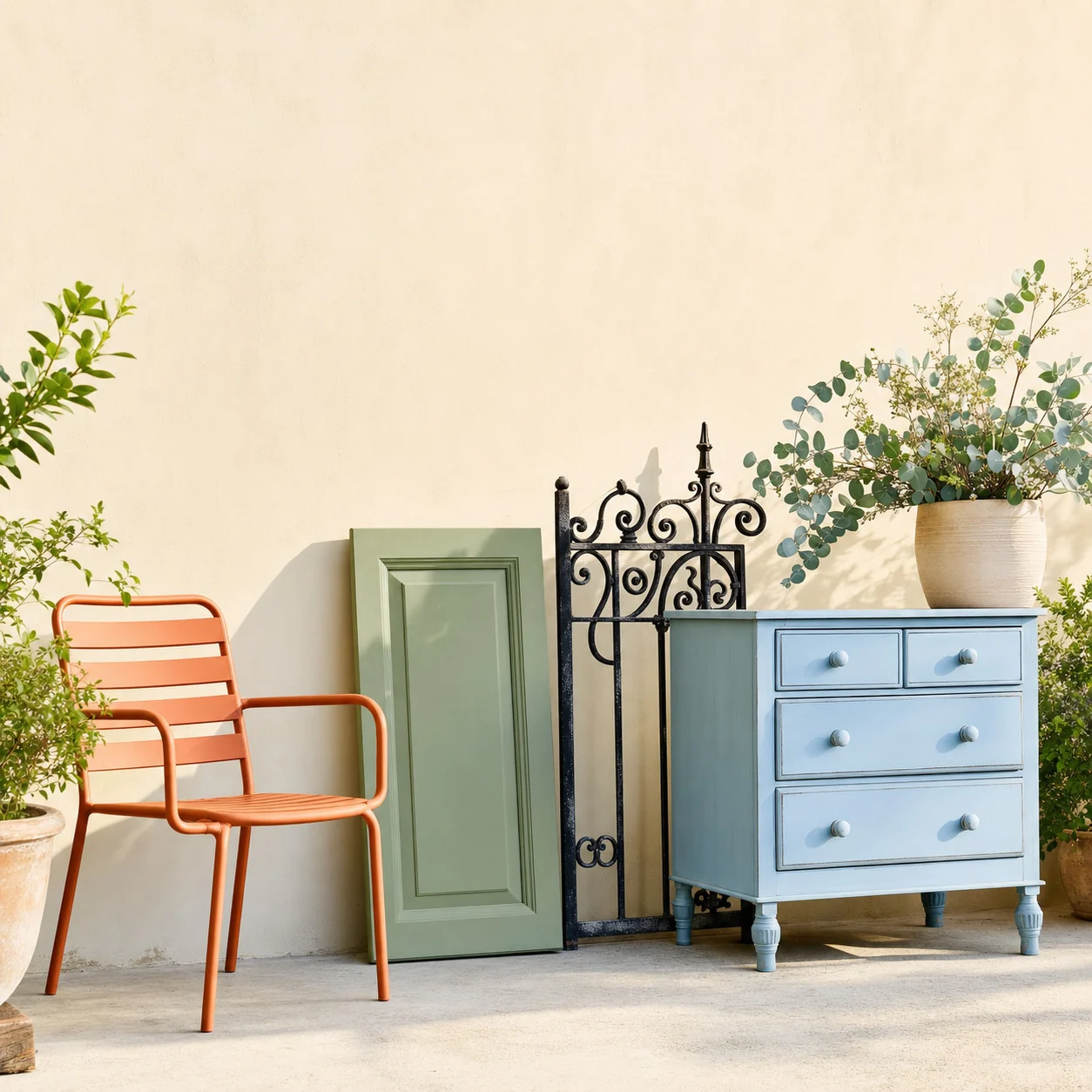 An orange chair, green door, iron gate and blue chest of drawers, freshly painted